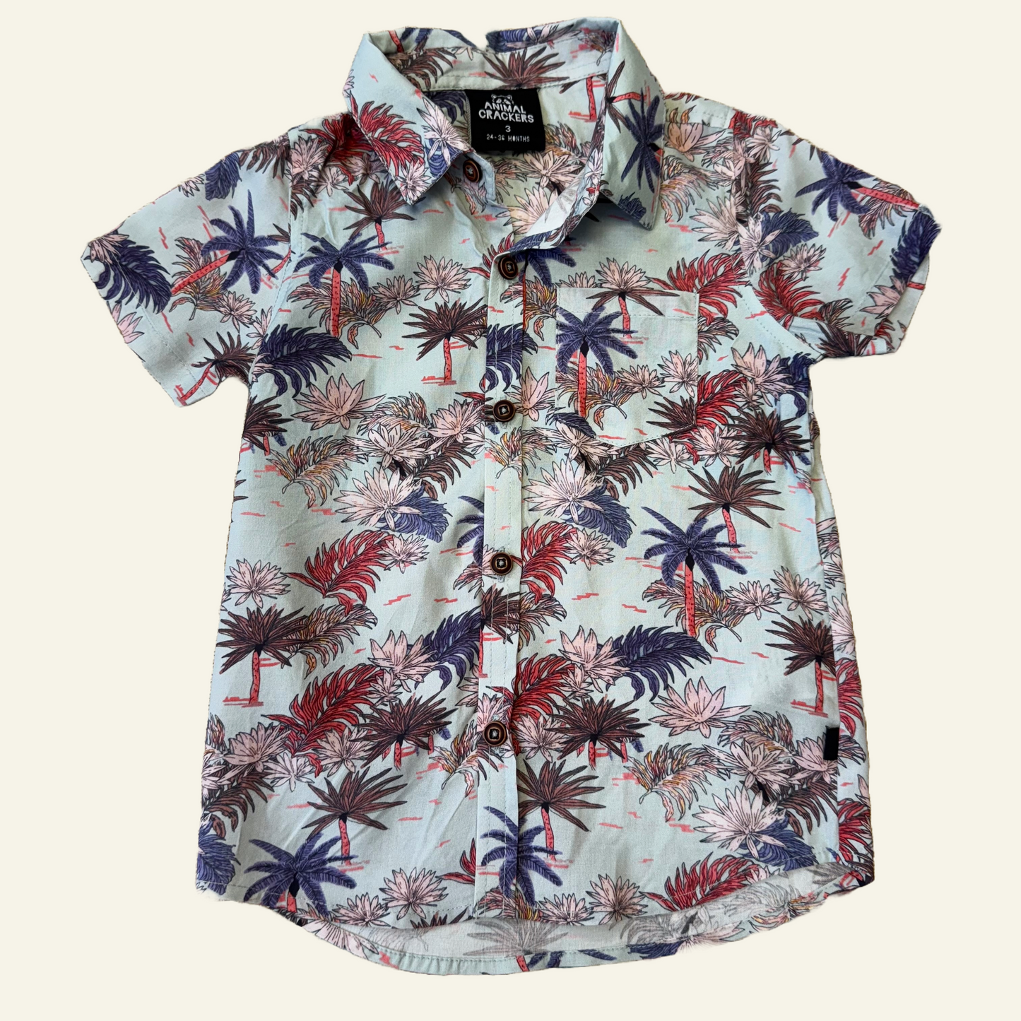 Animal Crackers blue tropical button up shirt size 3