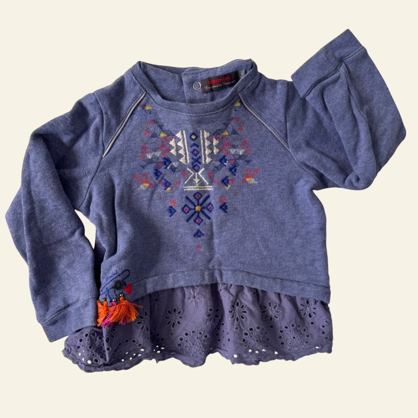 Catimini blue long sleeve embroidered top size 2