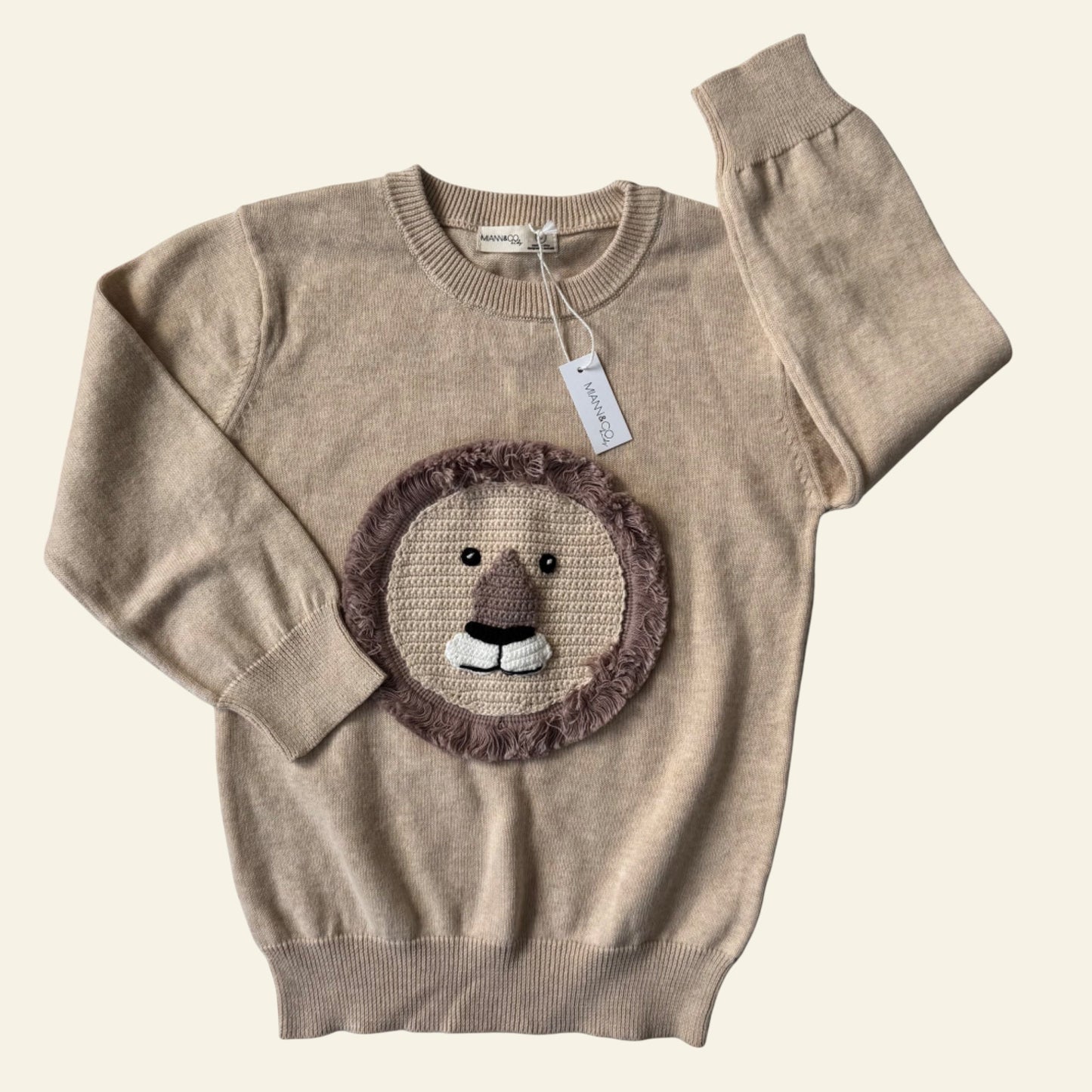 Miann & Co beige lion face knit jumper size 5 (BNWT)