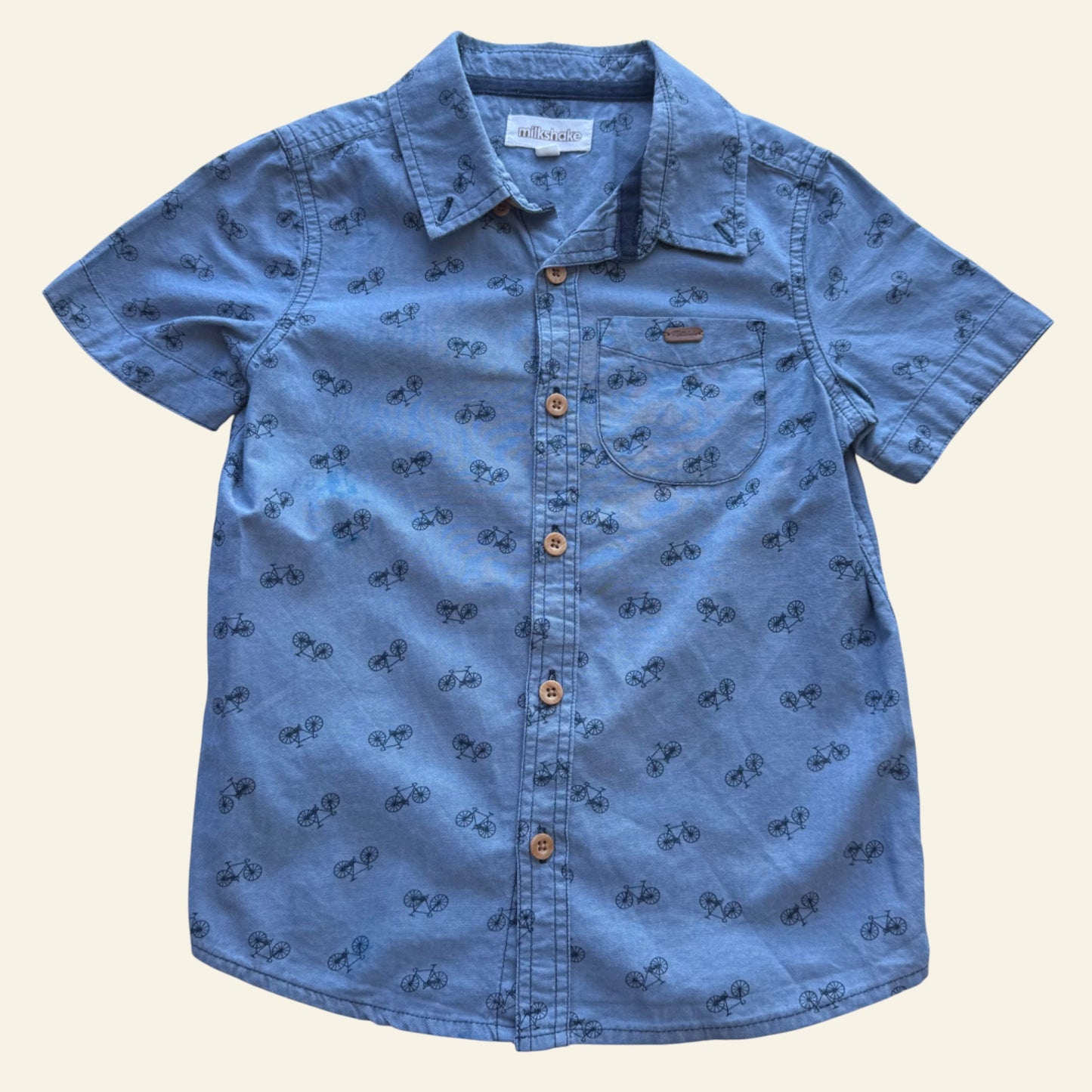 Milkshake blue bikes button up shirt size 5 (Perfectly Imperfect)