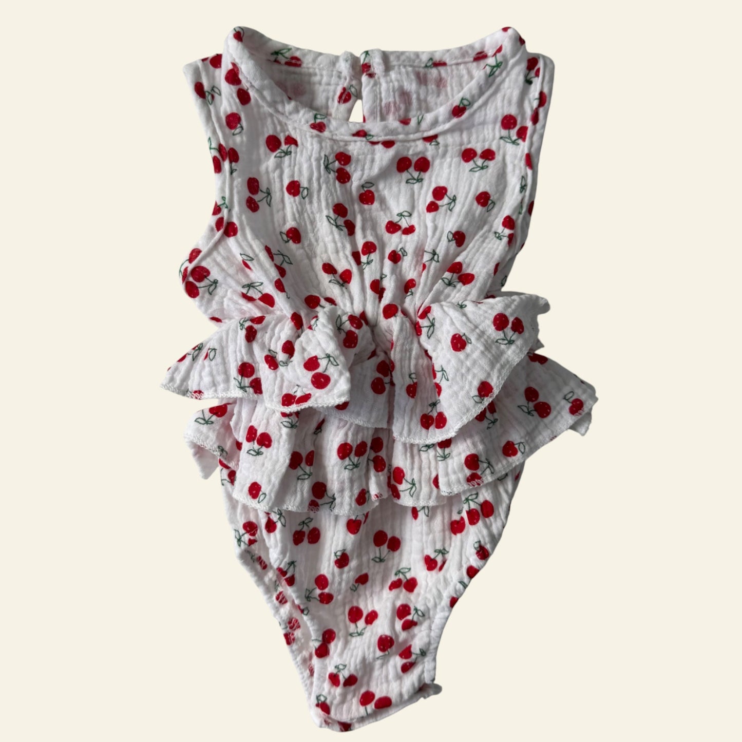 White and red cherry frill romper approx size 1 (no tag)