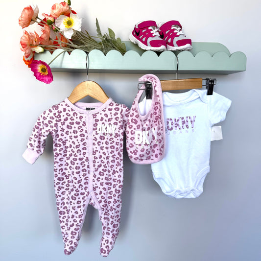 DKNY pink leopard onesie set size 000