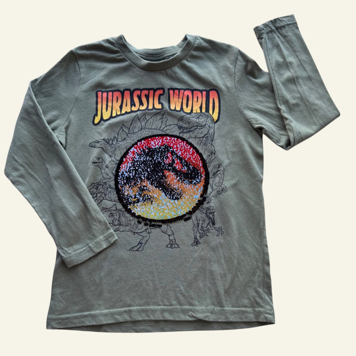 Jurassic World khaki sequin top size 5
