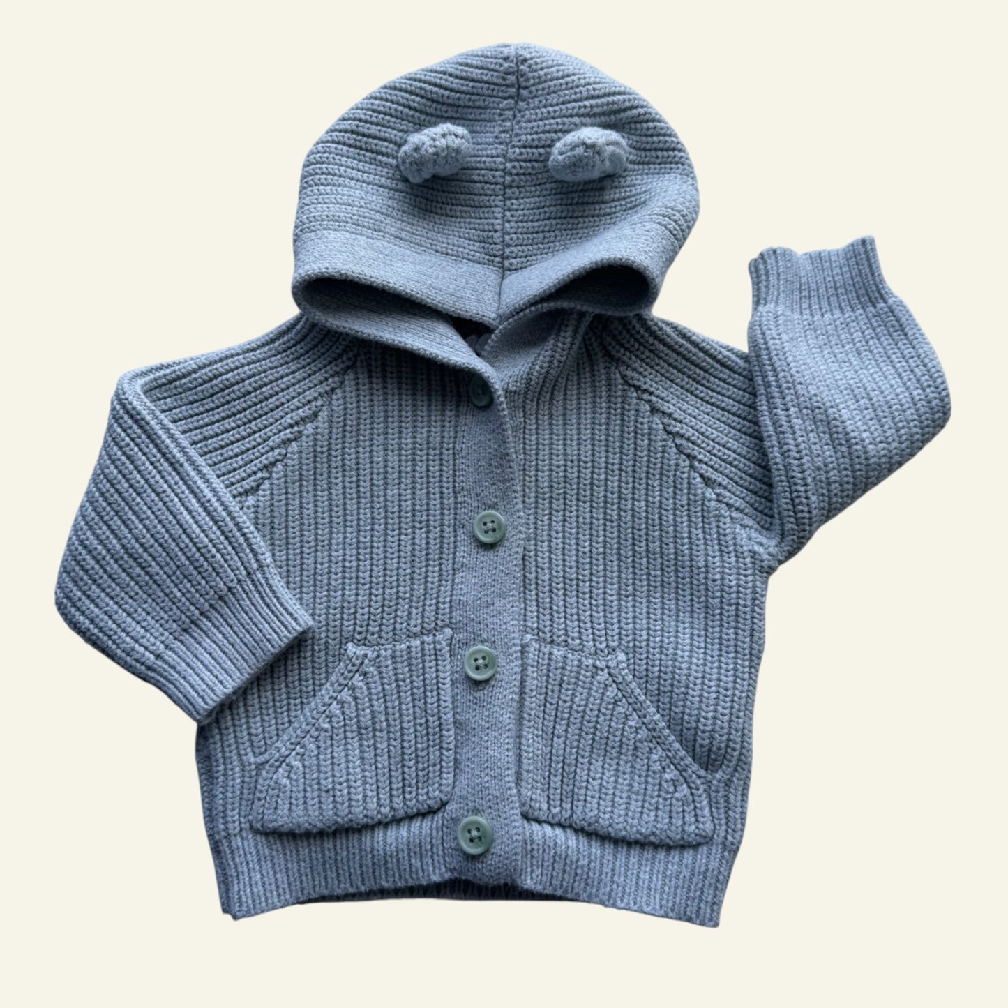 Jamie Kay green knit cardigan size 3-6 months (inital on tag)