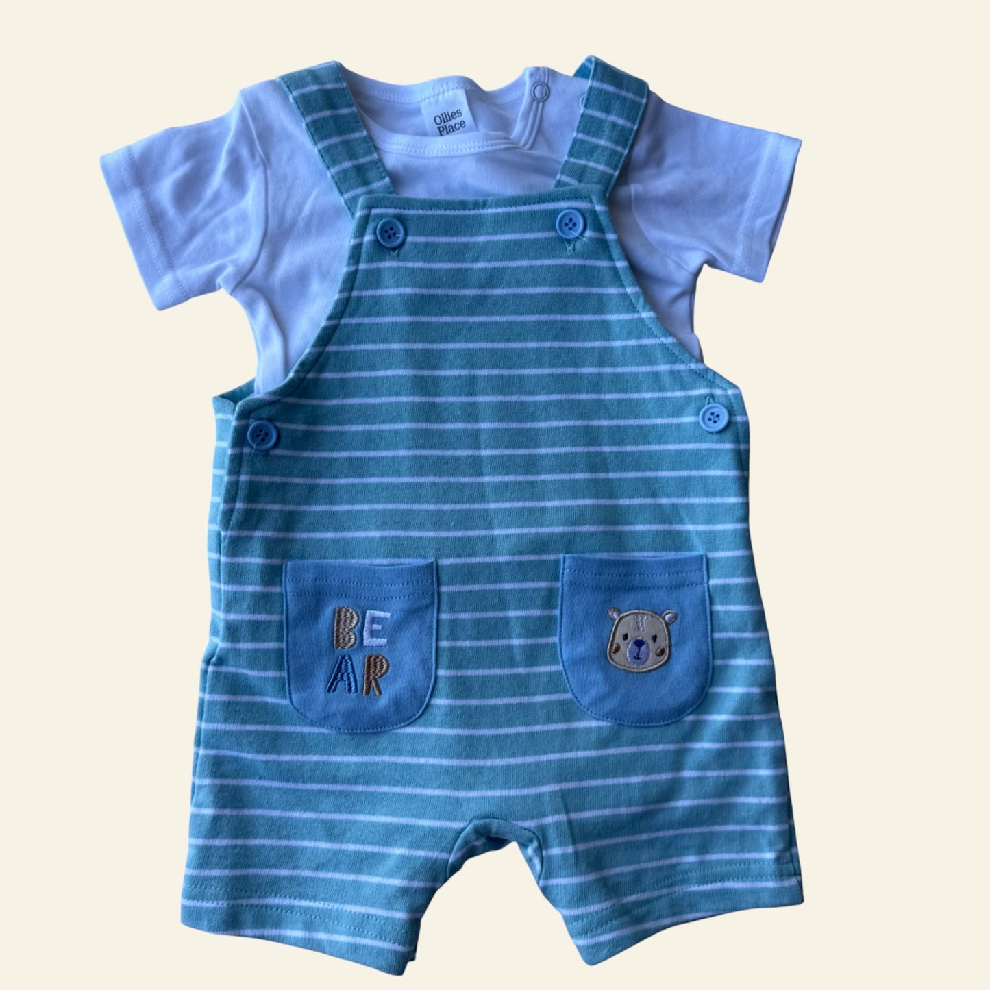 Ollies Place blue stripe bear overalls set size 00