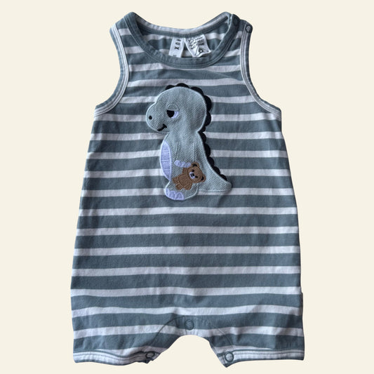 Hux green striped dino romper size 00