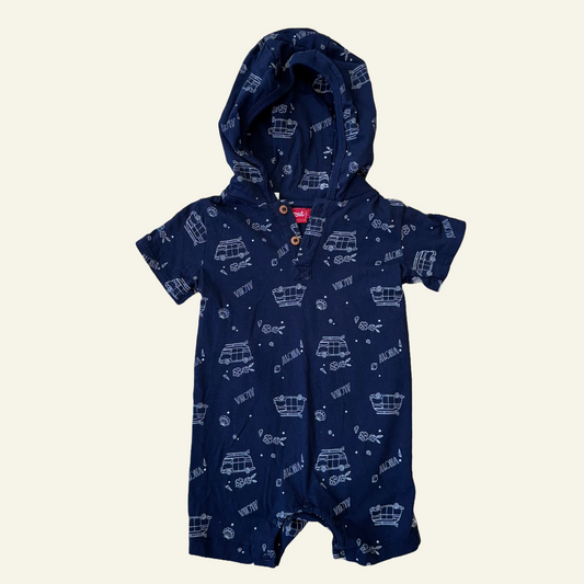 Sprout blue patterned hooded romper size 0