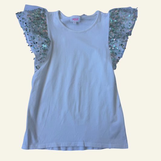 Seed sequin sleeve white t-shirt size 8