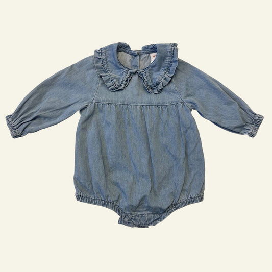 Seed denim frill romper size 3-6m