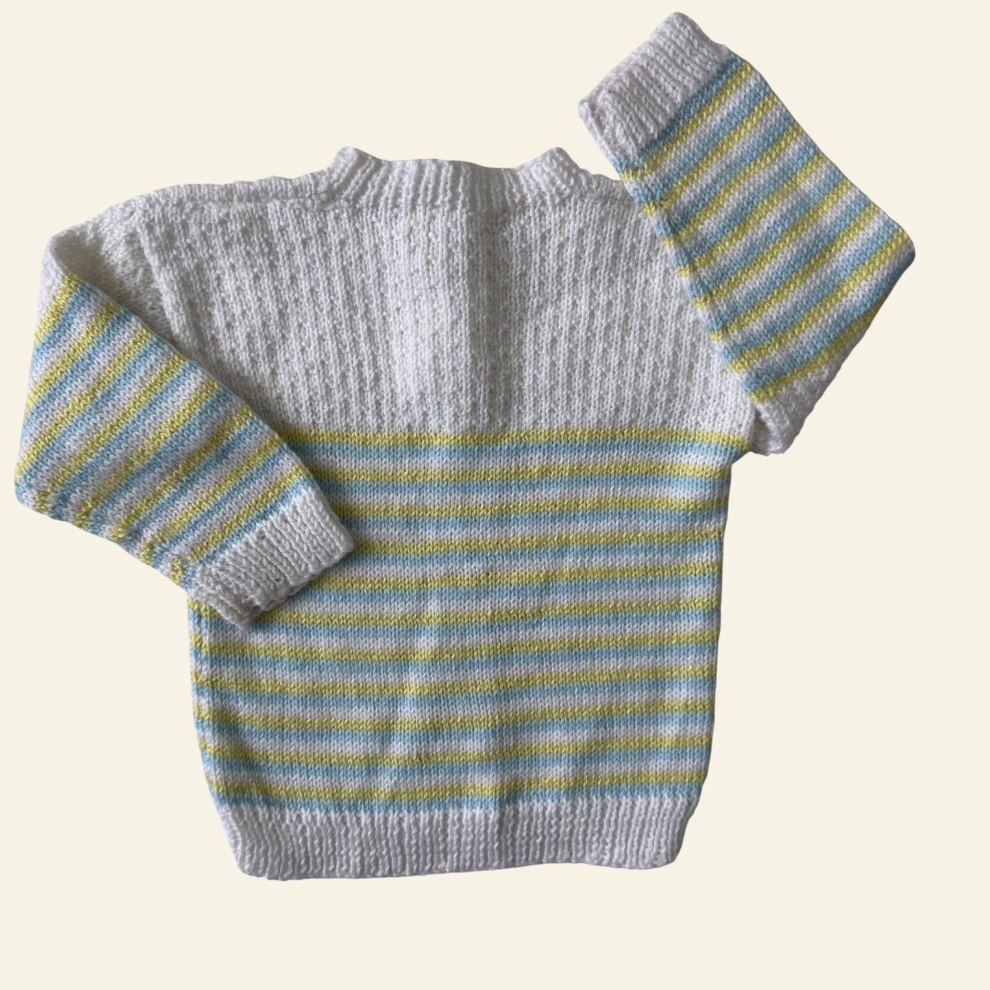 White blue and yellow hand made knit jumper size 0-1 approx