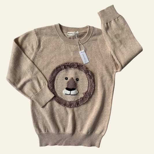 Miann & Co beige lion face knit jumper size 5 (BNWT)