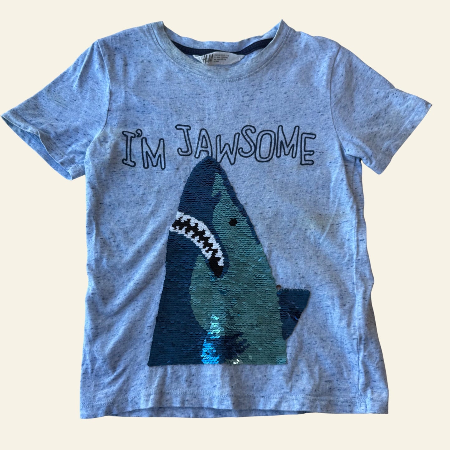 H&M blue sequin shark tshirt size 4-6 (Perfectly Imperfect)