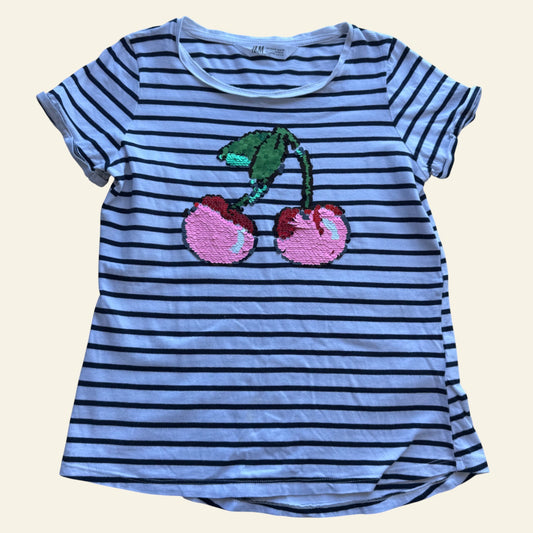 H&M striped cherry sequin tshirt size 9-10 (Perfectly Imperfect)