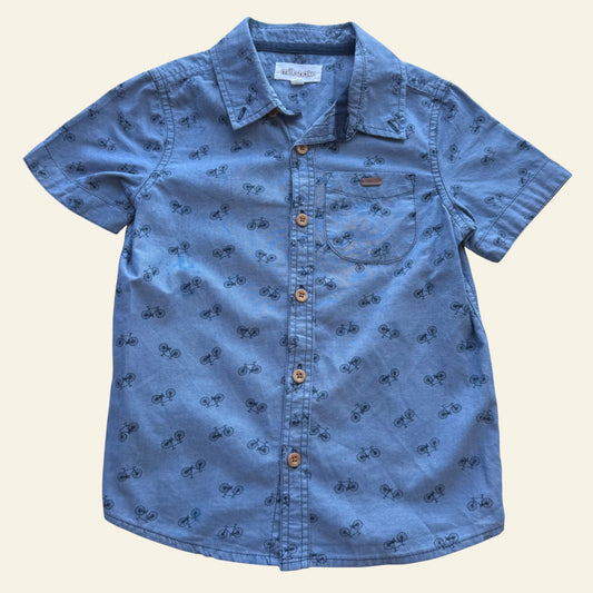 Milkshake blue bikes button up shirt size 5 (Perfectly Imperfect)