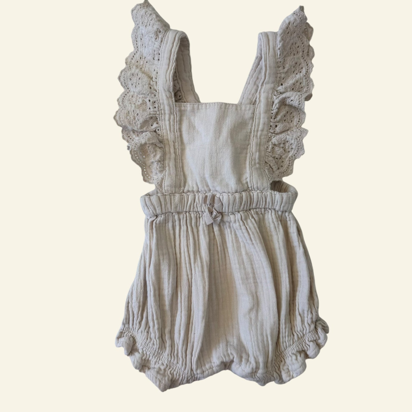 Dymples beige frill romper size 000 (Perfectly Imperfect)