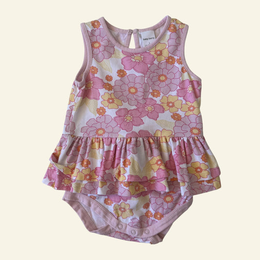 Baby Berry pink and yellow floral frill romper size 1 (Perfectly Imperfect)