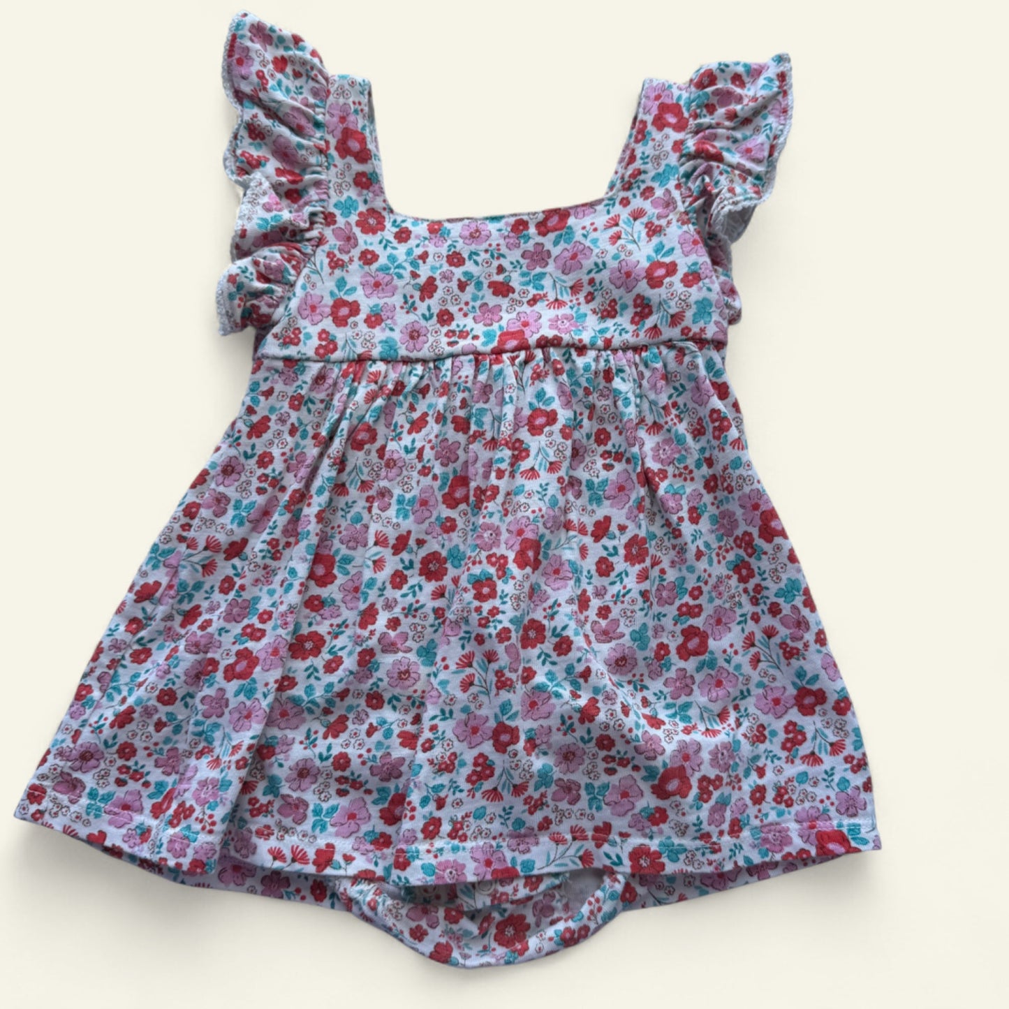 Purebaby pink and red floral romper dress size 0
