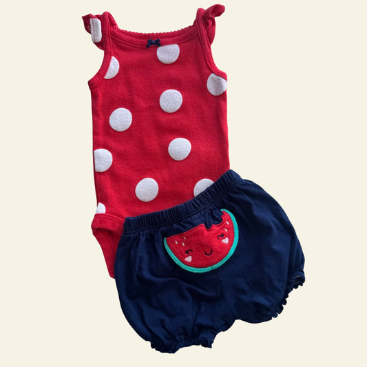 Carters red and white spot bodysuit and bloomers size NB