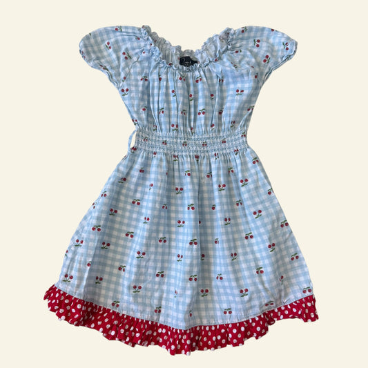 Oobi blue gingham cherry dress size 4 (Perfectly Imperfect)