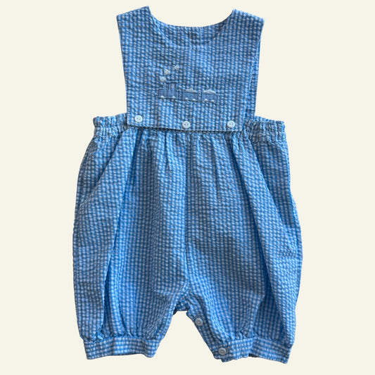 Vintage Tuppence blue gingham train romper size 1